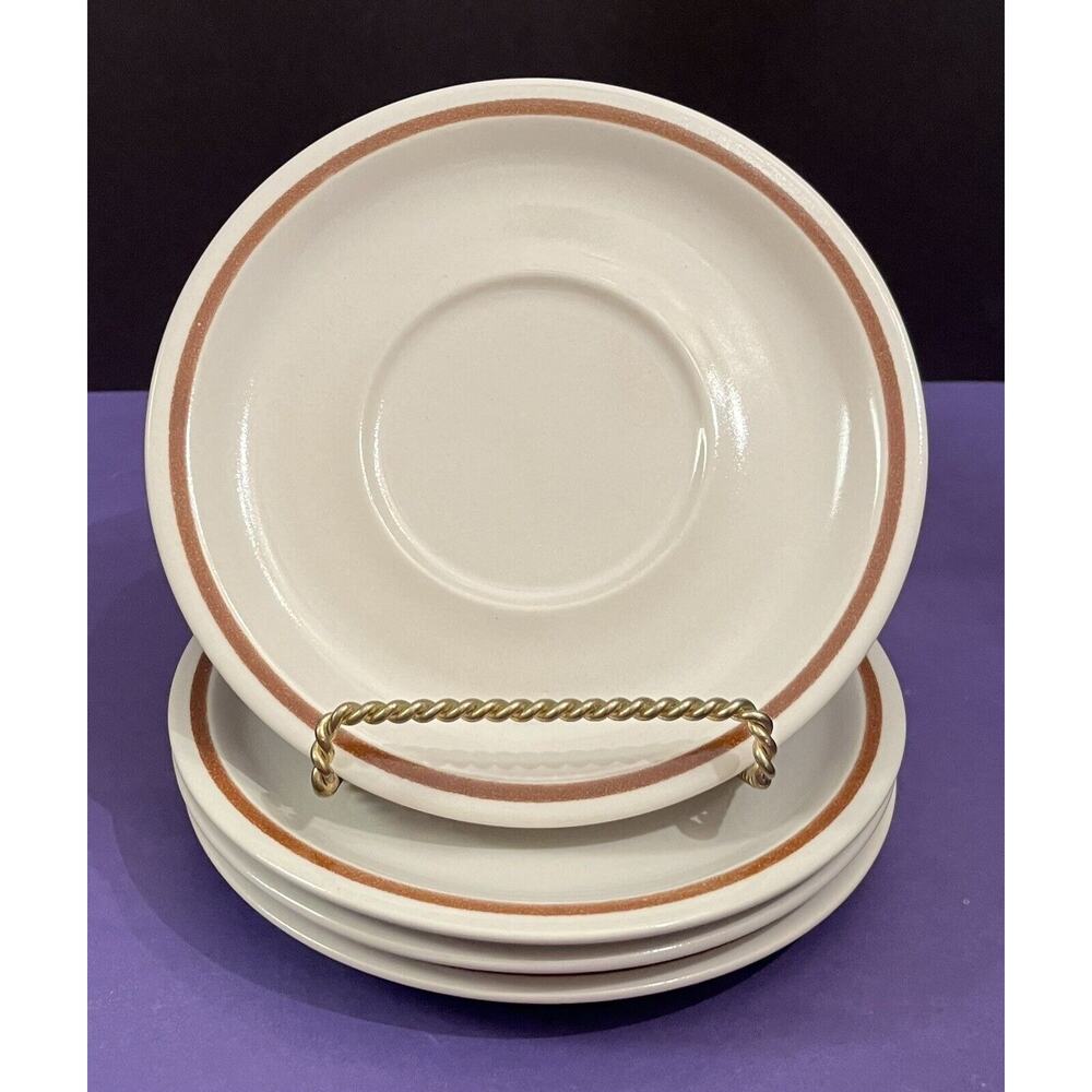 (4) Vintage Ekco Eterna Camelot 6 3/8” Saucers Stoneware Cream w/ Brown Band